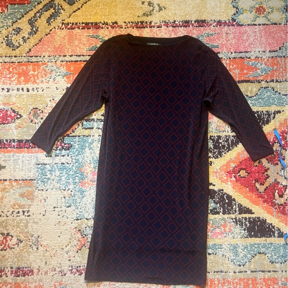 Lauren Ralph Lauren Navy Blue Maroon Diamond Geometric Print Shift Dress Size 6